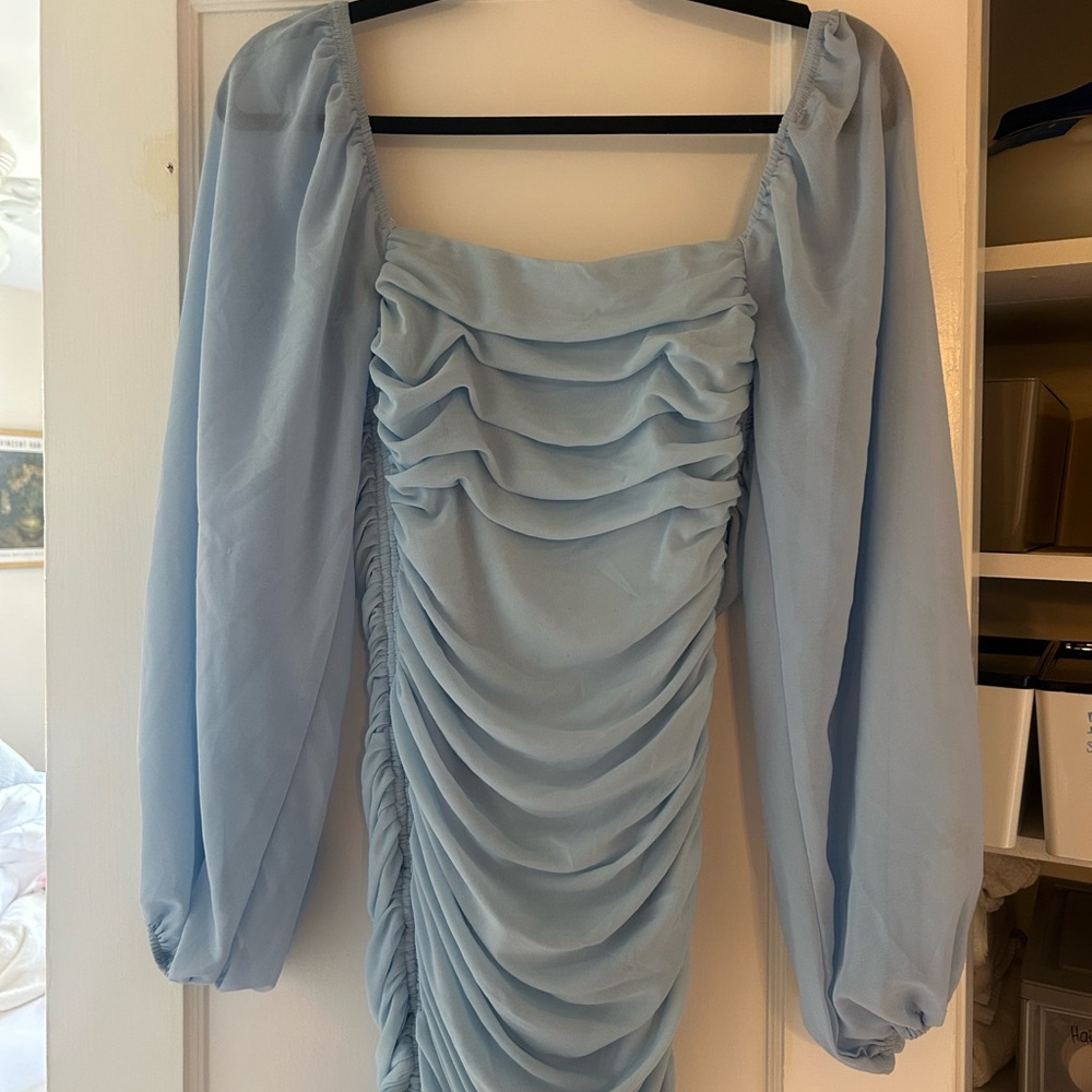 Hello Molly Blue Ruched Bodycon Dress with Bishop Sleeves